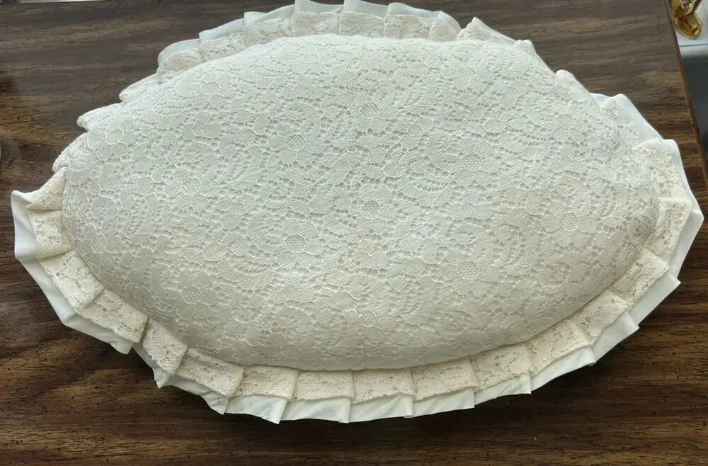Vintage Satin & Lace Ruffles Oval Ivory Throw Pillow 20x13 Romantic Boudoir